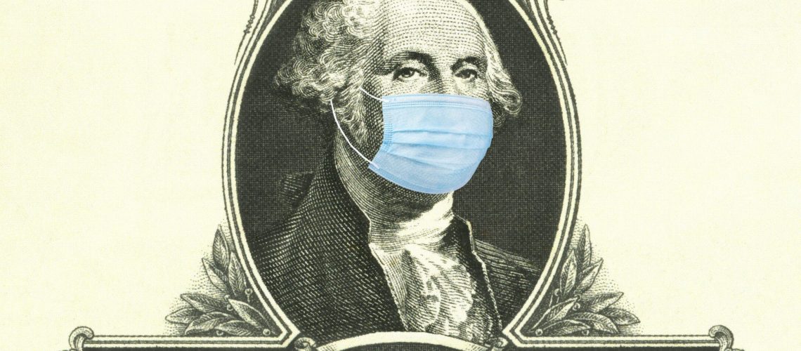 George Washington on a dollar bill wearing a medical face mask due to the coronavirus